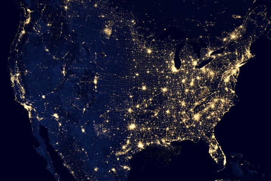 City lights across North America photographed from space